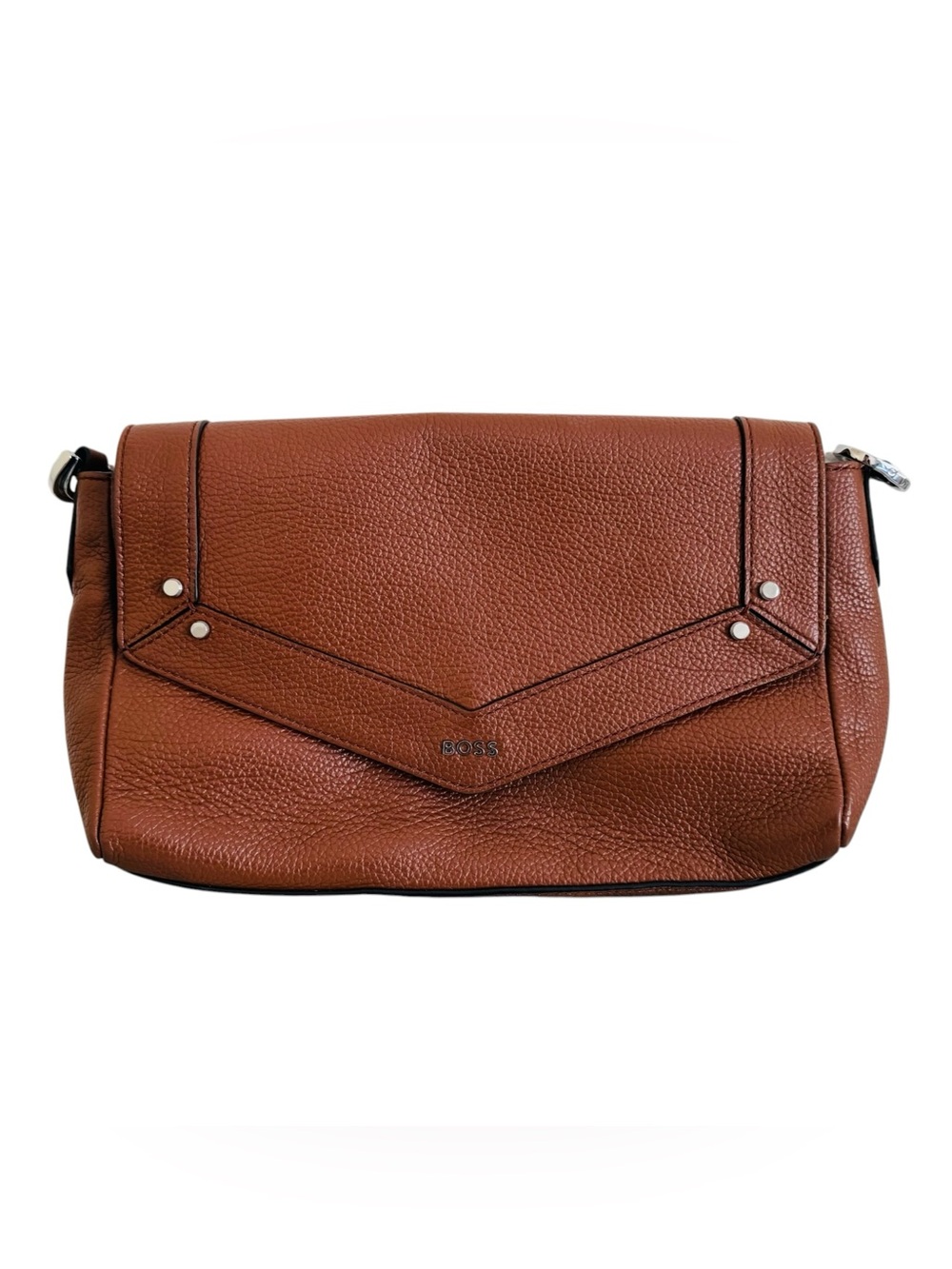 BOSS IVY Shoulder Bag Cognac Pebbled Leather Envelope Shoulder Bag- No strap